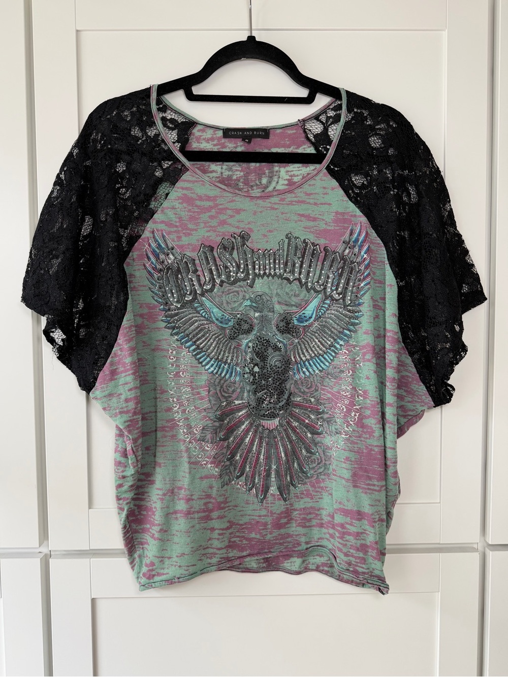 Vintage Y2K Crash & Burn Rhinestone Embellisbed Lace Flowy Emo Gothic Top
